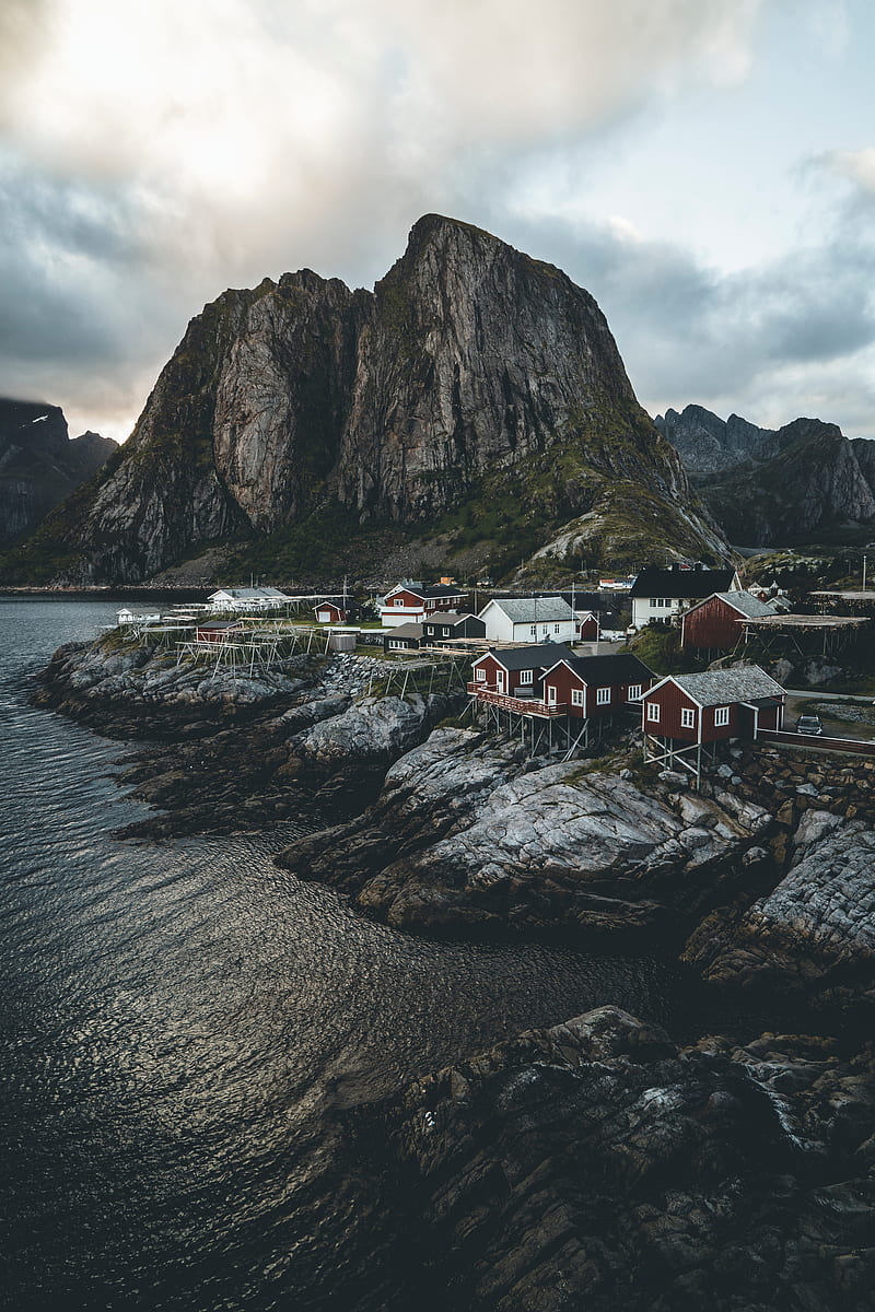 island, rocks, houses, coast, village, norway, HD phone wallpaper