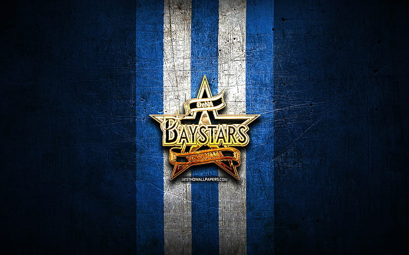 Yokohama BayStars, golden logo, NPB, blue metal background, japanese baseball team, Nippon Professional Baseball, Yokohama BayStars logo, baseball, japan, HD wallpaper