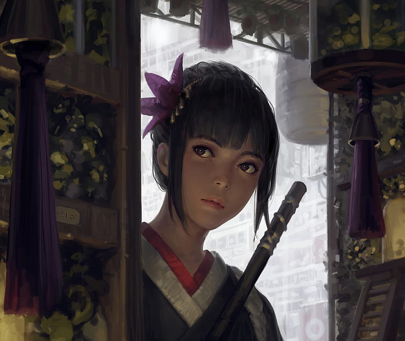 Samurai girl, guweiz, art, fantasy, samurai, luminos, girl, asian, face, HD wallpaper
