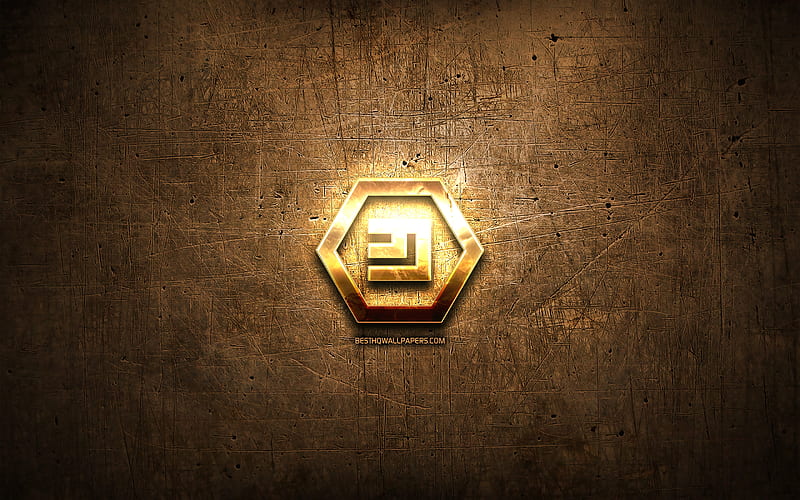 Emercoin golden logo, cryptocurrency, brown metal background, creative ...