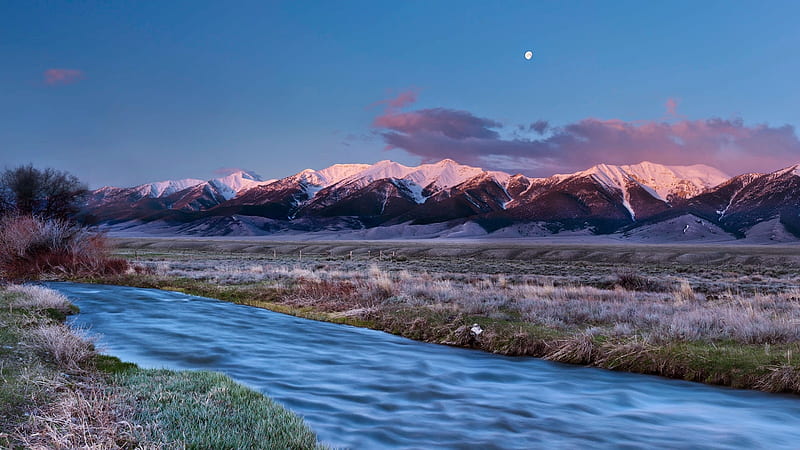 Early Spring Landscape moon, river, mountains, HD wallpaper