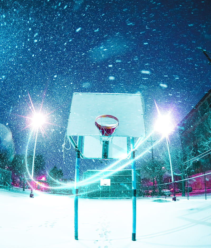 basketball hoop, basketball, playground, snow, light, HD phone wallpaper