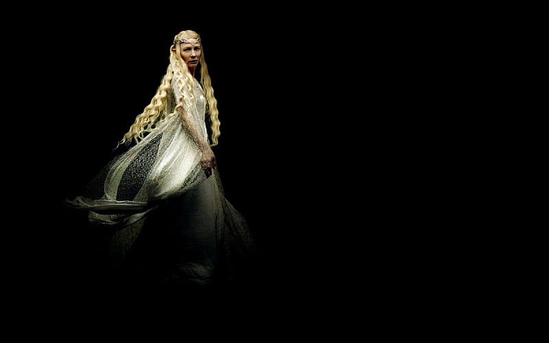 Galadriel, lord of the rings, elf, queen, black, blonde, fantasy, girl, lotr, actress, cate blanchett, HD wallpaper