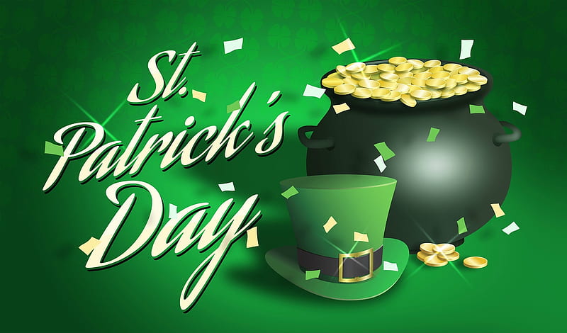 St. Patrick's Day, Saint Patricks Day, confetti, pot, coins, pot of gold, hat, top hat, St Patricks Day, gold, Patricks Day, HD wallpaper