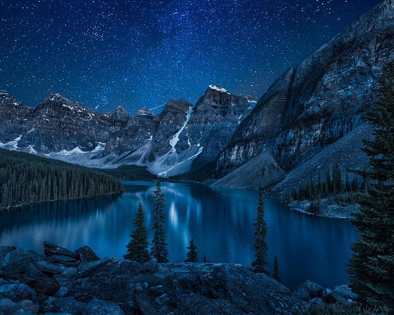 Winter, Sky, Night, Snow, Lakes, Mountain, Lake, Tree, , Star, Moraine Lake, HD wallpaper