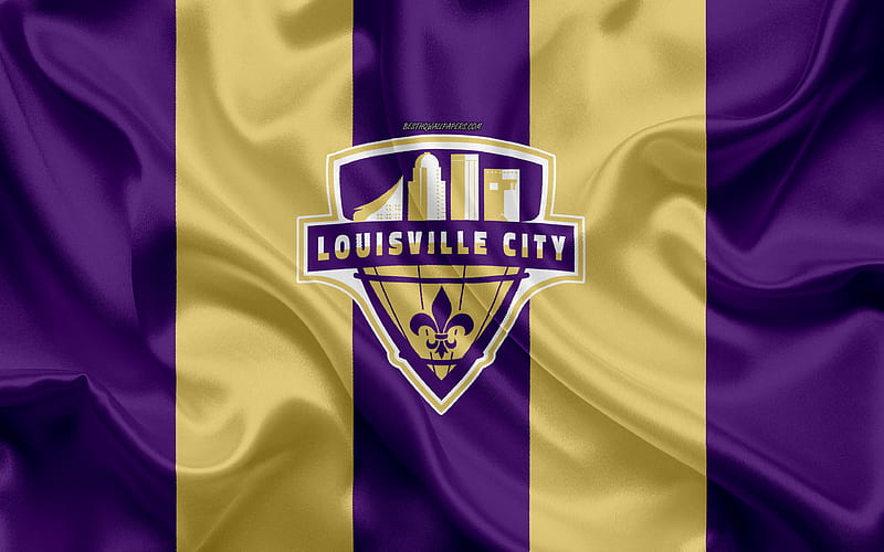 Louisville City FC American football club, logo, purple yellow flag, emblem, USL Championship, Louisville, Kentucky, USA, USL, silk texture, soccer, United Soccer League, HD wallpaper