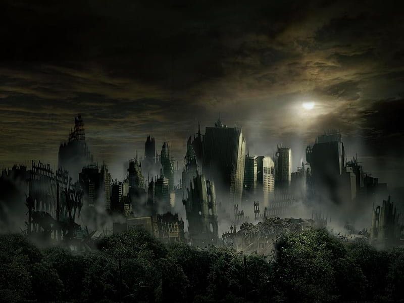 destroyed city, moon, destruction, buildings, trees, clouds, smoke, HD wallpaper
