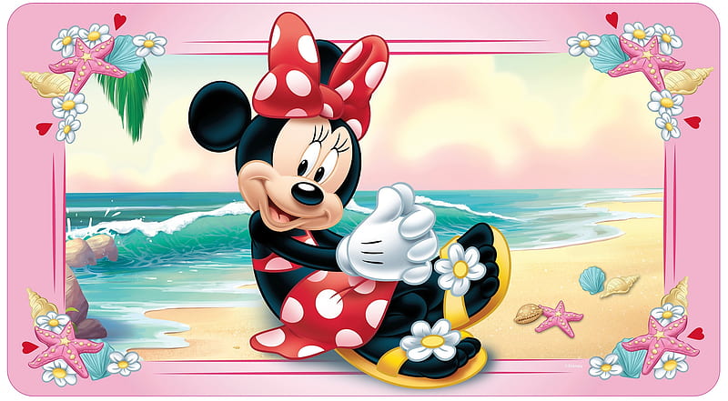 Minnie Mouse, red, beach, dot, summer, bow, sea, disney, HD wallpaper