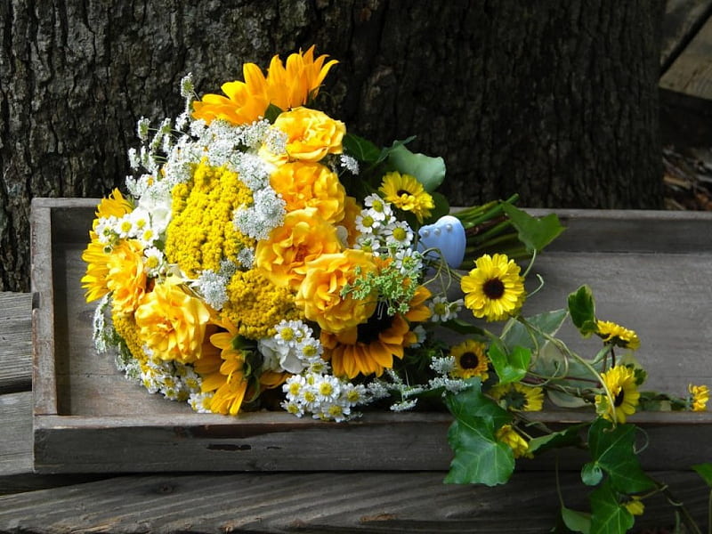 Burst of Sunshine Bouquet, vine, black eyed susan, desenho, yellow, mums, white, daisy, floral, HD wallpaper