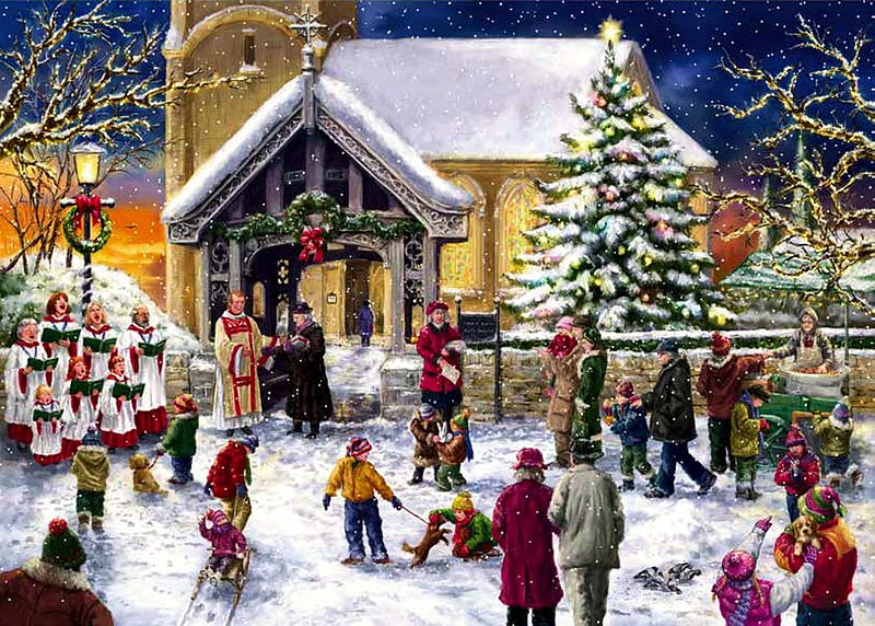 Christmas Village, snow, people, painting, church, artwork, winter, HD