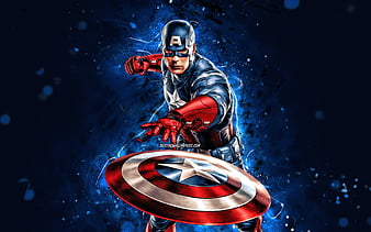 Captain America with shield, blue neon lights, superheroes, Marvel Comics, Captain America, Steven Rogers, Captain America, Cartoon Captain America, HD wallpaper