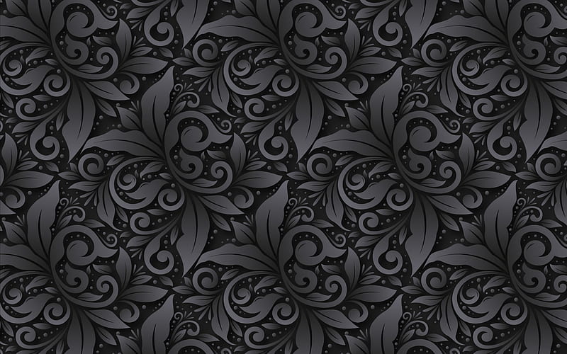 floral ornaments black texture, black ornaments background, vintage floral texture, black ornament background, HD wallpaper