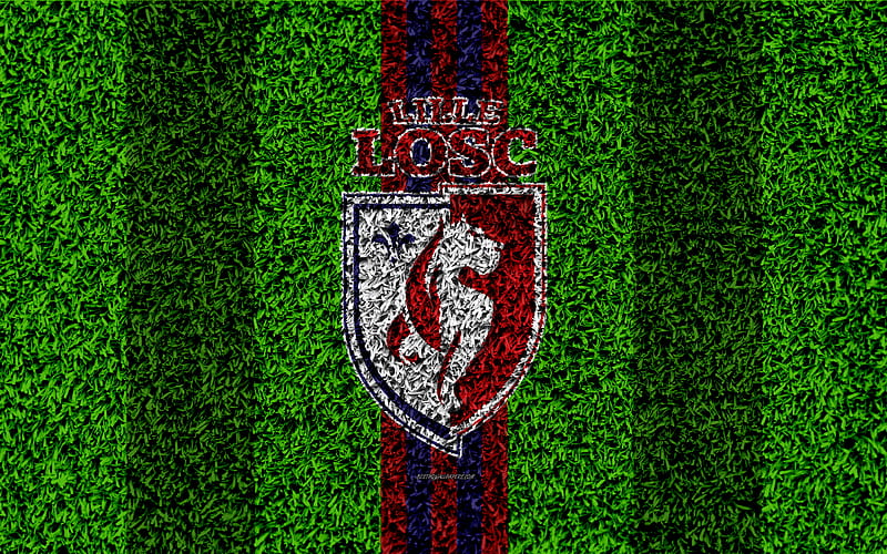 Lille OSC football lawn, logo, French football club, grass texture, emblem, red black lines, Ligue 1, Lille, France, football, Lille Olympique Sporting Club, HD wallpaper