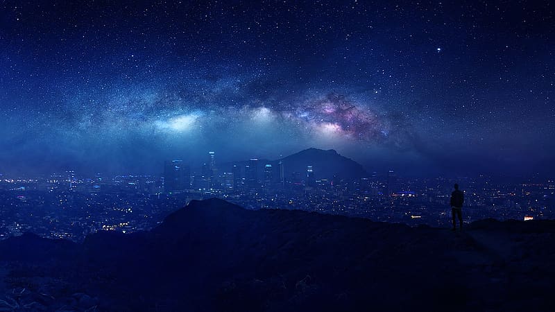Man looks over a city with many stars in the sky at night, celestial, night, galaxies, city, galaxy, alone, man, skyscraper, cityscape, stars, lonely, skyscrapers, milky way, HD wallpaper