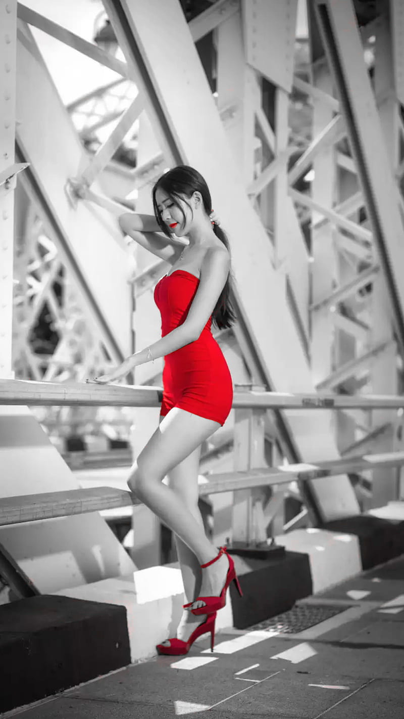 Pretty Asian, black and white, bodycon, bw, legs, mini dress, model, red dress, red shoes, HD phone wallpaper
