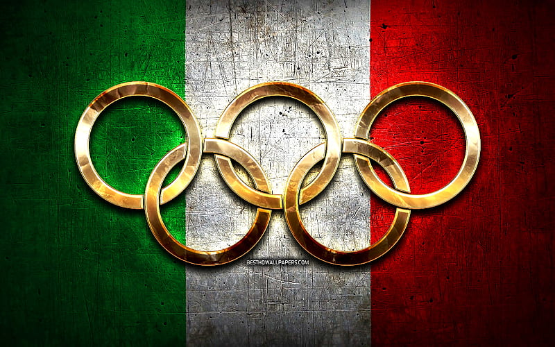 Italisn olympic team, golden olympic rings, Italy at the Olympics, creative, Italian flag, metal background, Italy Olympic Team, flag of Italy, HD wallpaper