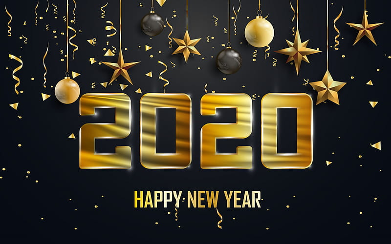 Happy New Year!, 2020, golden, craciun, christmas, black, new year, card, HD wallpaper