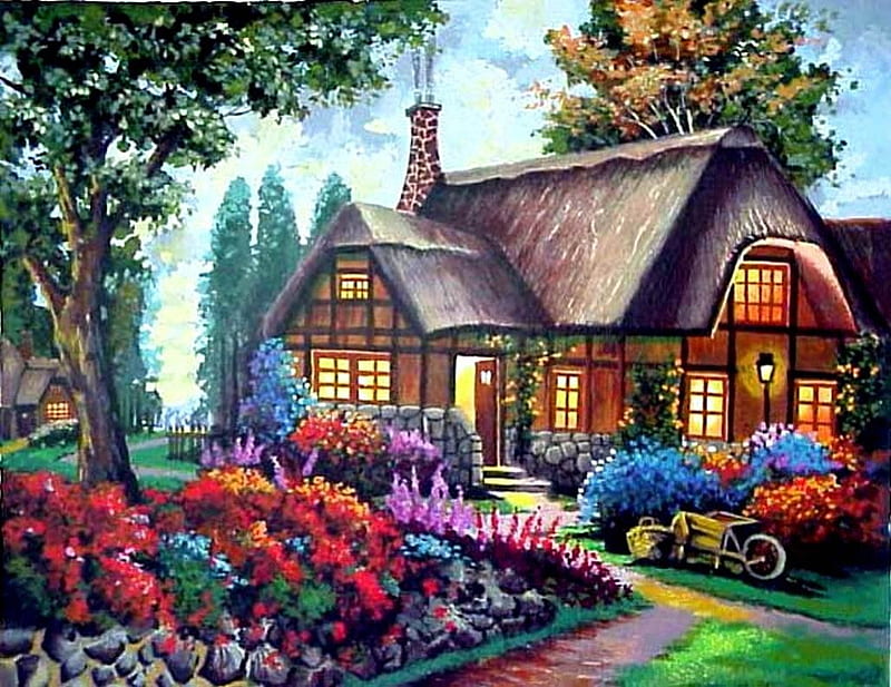 Cottage with Garden, house, painting, flowers, path, trees, HD wallpaper