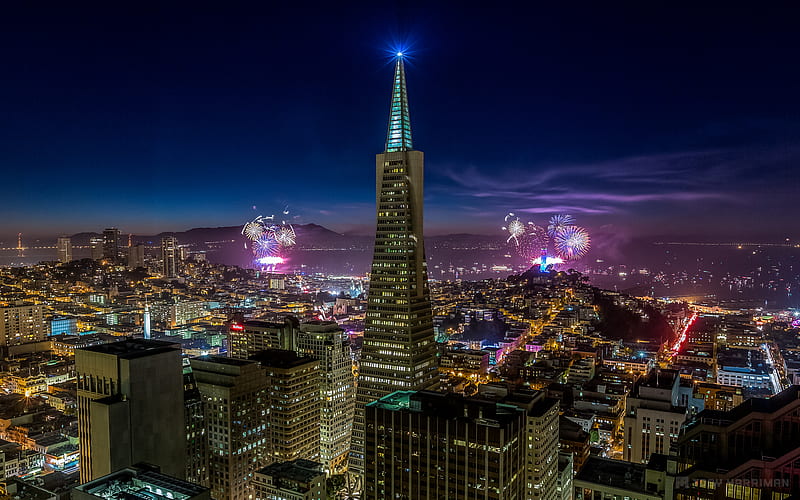 San Francisco, fireworks, Transamerica Pyramid, skyscrapers, night, celebration, Transamerica Tower, California, San Francisco panorama, USA, HD wallpaper