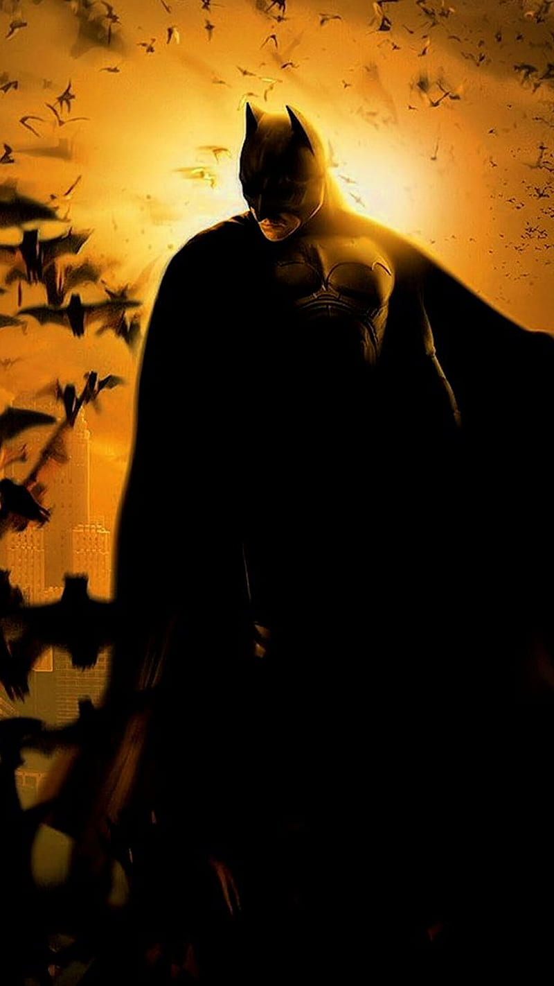 batman, bat, black, city, entertainment, light, man, movie, orange, sun, HD phone wallpaper