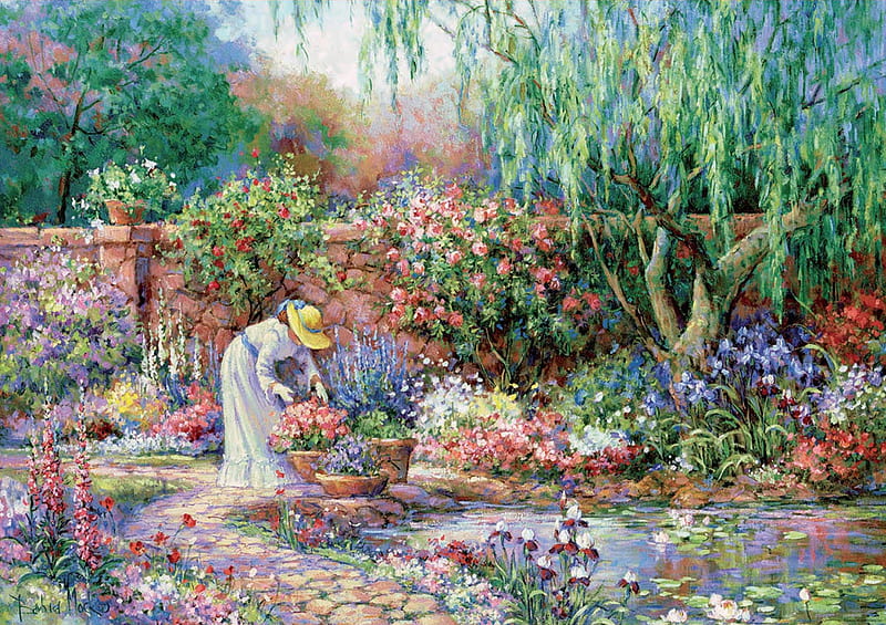 The artist garden in Giverny, claude monet, art, girl, flower, giverny, garden, painting, pictura, woman, HD wallpaper