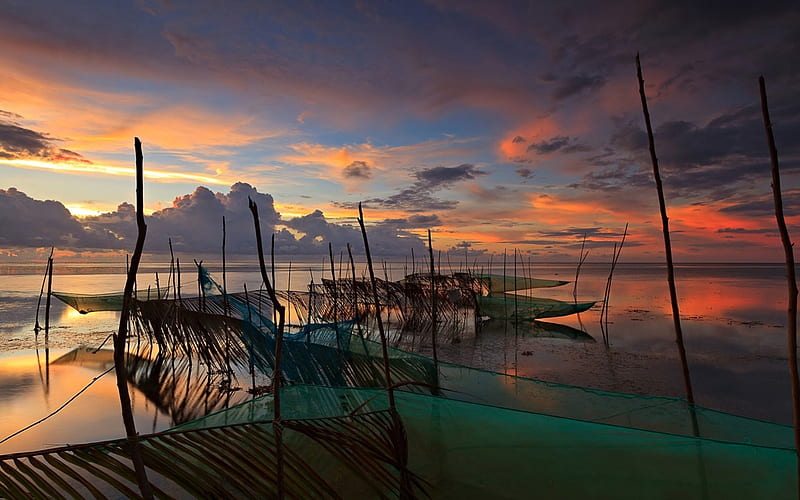 fishing nets drying at sunset, nets, poles, sunset, clouds, sea, HD wallpaper