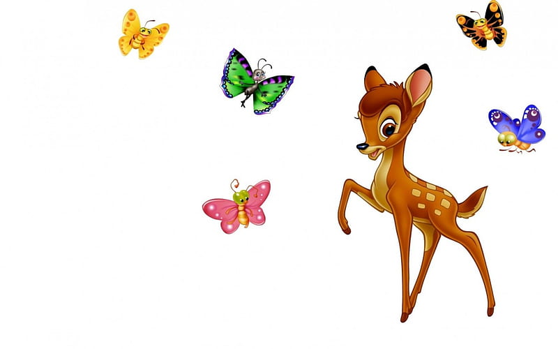 Bambi, cute, butterfly, child, white, disney, card, deer, HD wallpaper