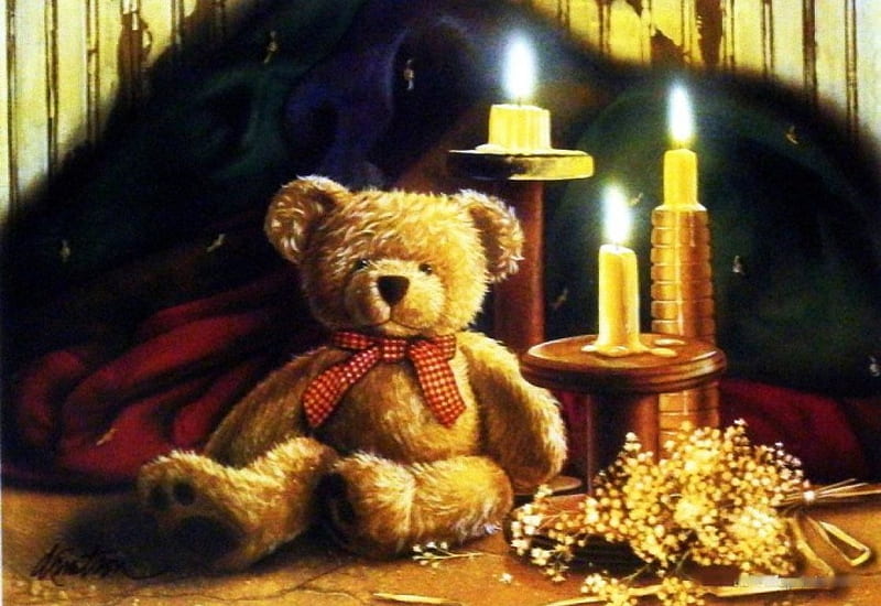 Tender Moments, teddybear, still life, painting, arrangement, candleholder, artwork, candles, HD wallpaper