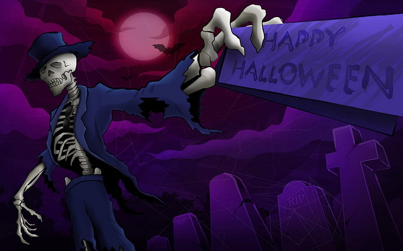 Happy Halloween, skeleton, halloween, full moon, graveyard, sign, headstones, HD wallpaper