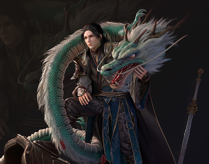 Warrior and dragon, man, green, dragon, fantasy, black, litter monster, HD wallpaper