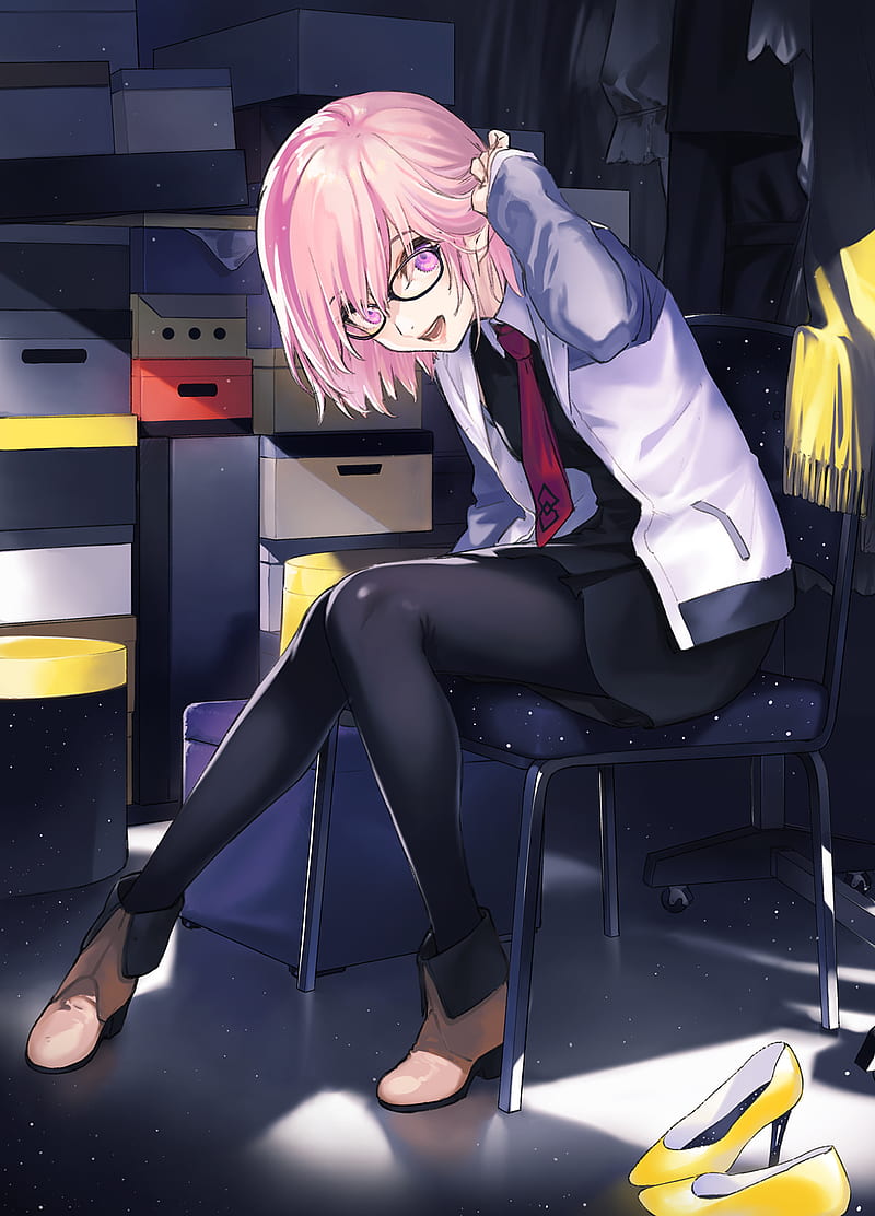 anime, anime girls, digital art, artwork, portrait display, vertical, short hair, Fate Series, Fate/Grand Order, FGO, Mash Kyrielight, pink hair, blue eyes, open mouth, pantyhose, necktie, women with glasses, ankle boots, thighs, black dress, white jacket, bent over, meganekko, sitting, purple eyes, bangs, 2D, looking at viewer, fan art, La-Na, HD phone wallpaper