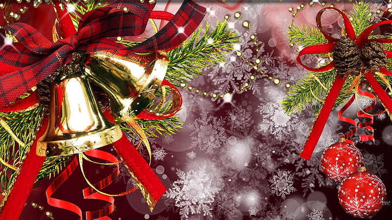 Holiday So Bright, red, Christmas, Feliz Navidad, New Years, ribbon, pine cones, pine, snowflakes, fir, bells, spruce, HD wallpaper