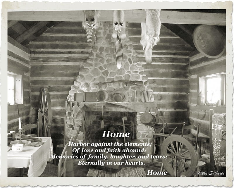 Home Is, fox, serenity, spinning wheel, nature, cabin, animal, log, HD wallpaper