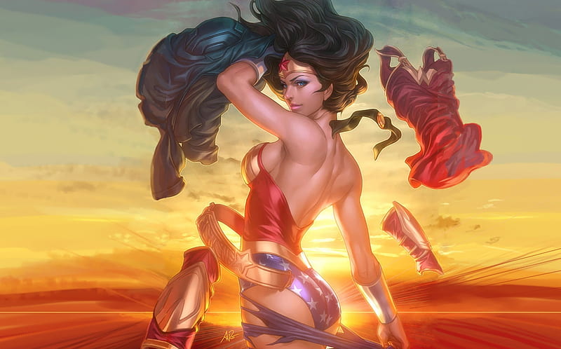 Wonder Woman, red, fantasy, luminos, yellow, stanley artgerm, comics, lau, HD wallpaper
