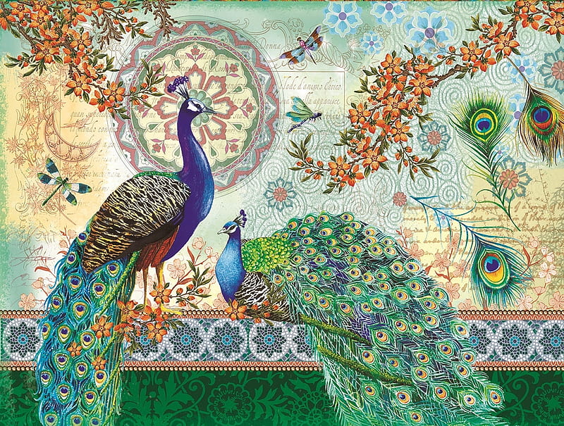 Royal peacocks, paun, feather, peacock, pasari, art, frumusete, luminos, fantasy, bird, green, couple, blue, HD wallpaper