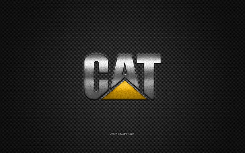 CAT logo, silver logo, gray carbon fiber background, Caterpillar logo, CAT metal emblem, CAT, cars brands, Caterpillar, creative art, Caterpillar emblem, HD wallpaper