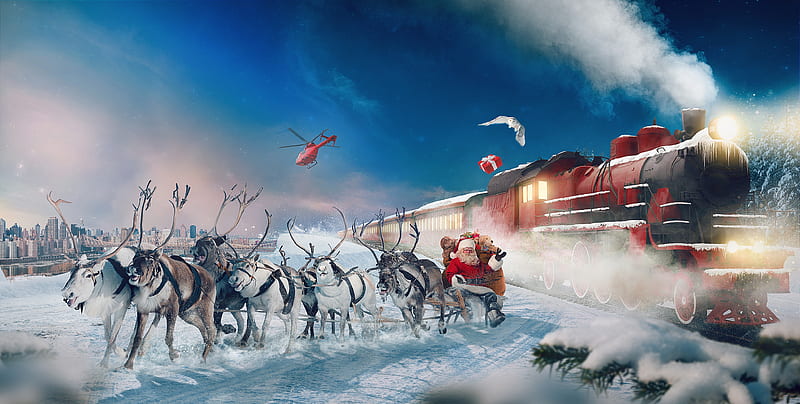 Santa meets Polar Express, train, sleigh, locomotive, christmas, snow, reindeer, winter, HD wallpaper
