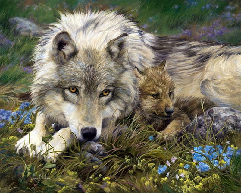 Wolf Mom, predator, lovely, painting, resting, pup, HD wallpaper