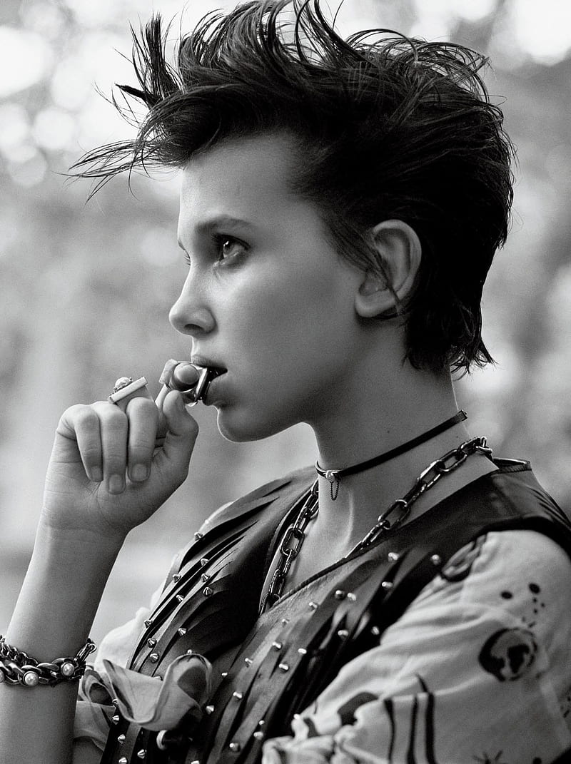 Millie Bobby Brown, actress, Interview magazine, monochrome, profile, bracelets, collar, dark hair, looking into the distance, HD phone wallpaper