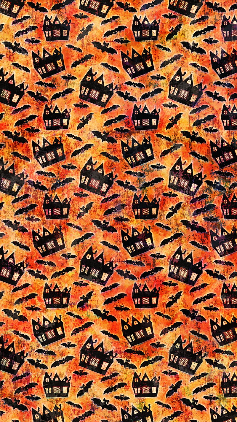 Halloween House Bat, Adoxali, October, autumn, background, black, castle, color, creepy, dark, day of the dead, evil, flying, fright, fun, haunted, holiday, horror, illustration, light, lit, mansion, night, orange, party, pattern, poster, scary, spooky, treat, trick, HD phone wallpaper