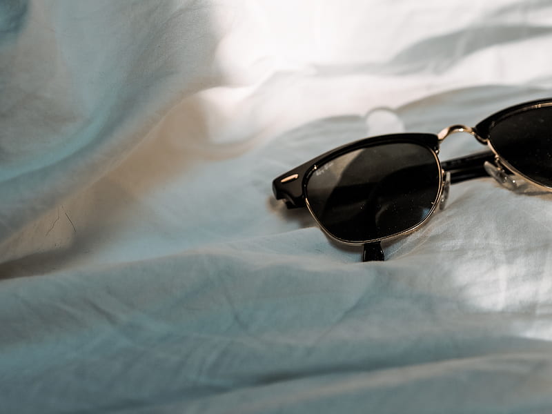 Black framed sunglasses on white textile, HD wallpaper | Peakpx