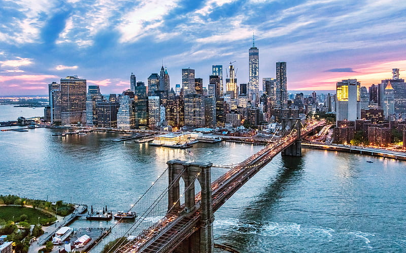 Brooklyn Bridge, New York City, Manhattan, skyscrapers, World Trade Center 1, evening, sunset, Manhattan skyline, New York City skyline, New York skyline, USA, HD wallpaper
