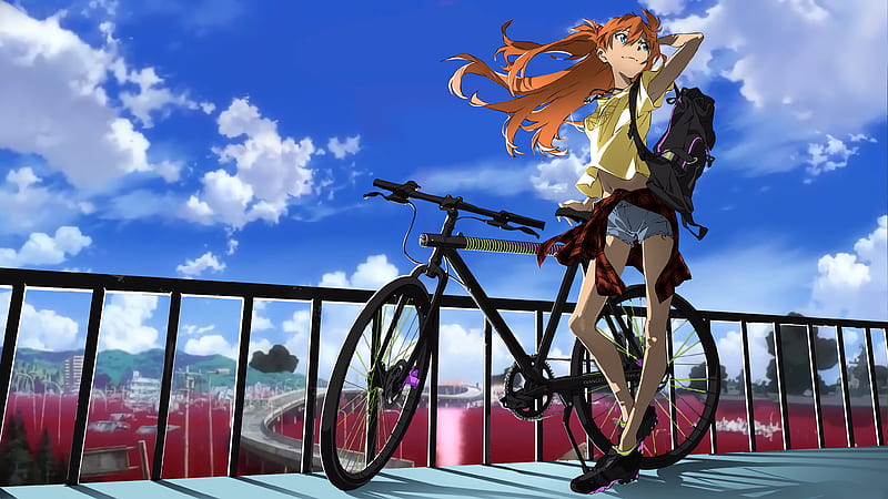 Asuka Bicycle , neon-genesis-evangelion, asuka-langley-soryu, anime-girl, anime, HD wallpaper