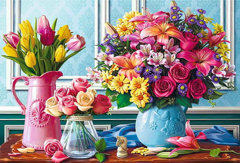Flowers in vases, art, colorful, rose, vase, yellow, luminso, lalele, fantasy, vara, flower, summer, pink, tulip, HD wallpaper