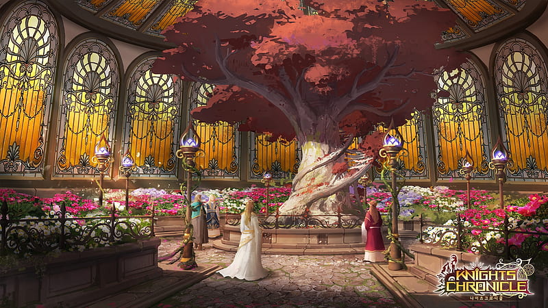 Rosette garden, red, tree, fantasy, luminos, junyeong shin, game, garden, pink, yellow, HD wallpaper