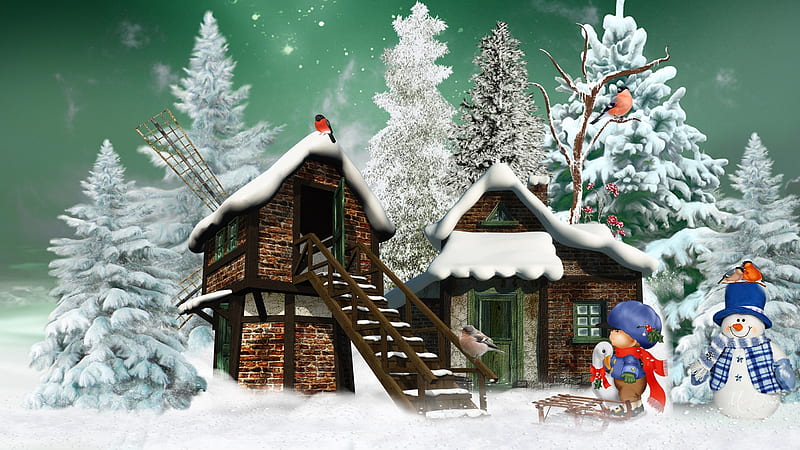 Dutch Winter, forest, little boy, cottage, birds, trees, sled, snowman, winter, Firefox theme, HD wallpaper