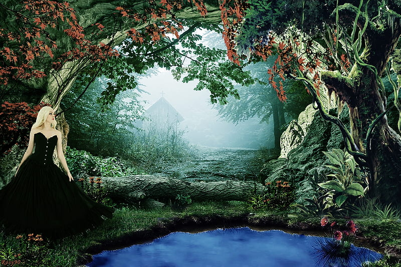 Fantasy cave, Lake, Fallen tree, Fanstasy, Nature, Cave, Scenery, Forest, Landscape, HD wallpaper