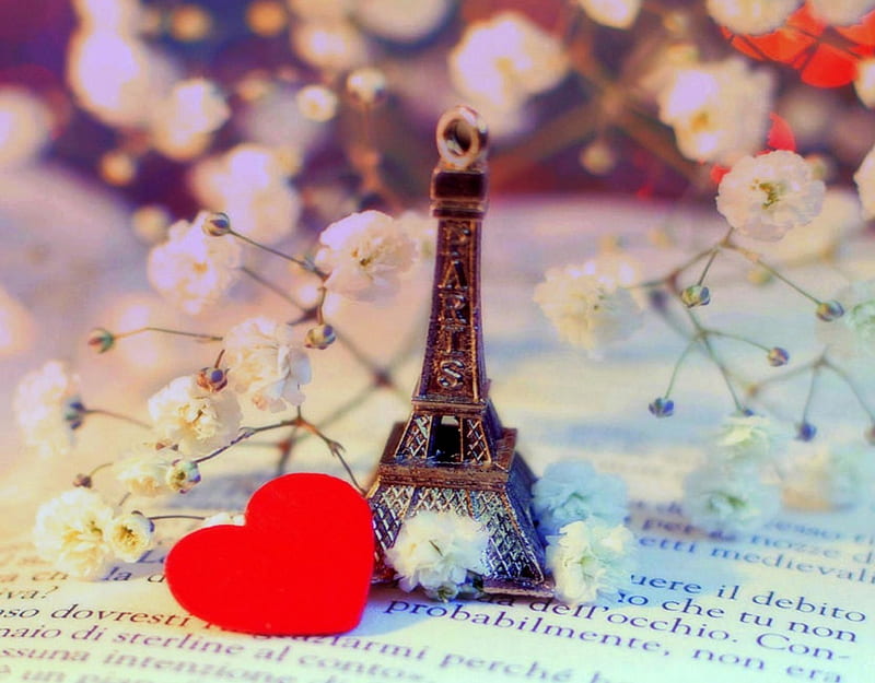 ✿⊱•╮Paris of Love╭•⊰✿, pretty, lovely, conceptual, colors, paris, love four seasons, book, bonito, attractions in dreams, creative pre-made, sweet, still life, love, heart, flowers, HD wallpaper
