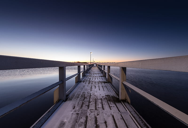 pier, snow, bridge, sunset, helsinki, finland, HD wallpaper