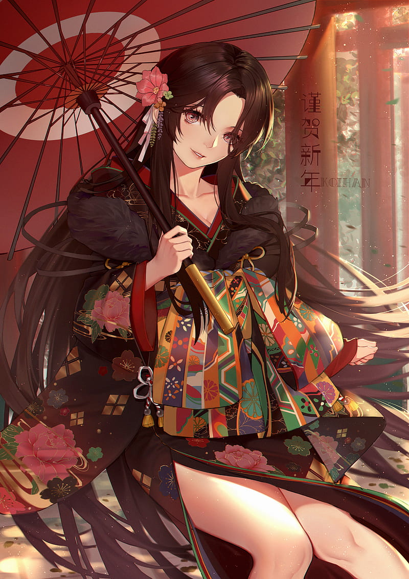 anime, anime girls, umbrella, flower in hair, dark hair, legs together, HD phone wallpaper